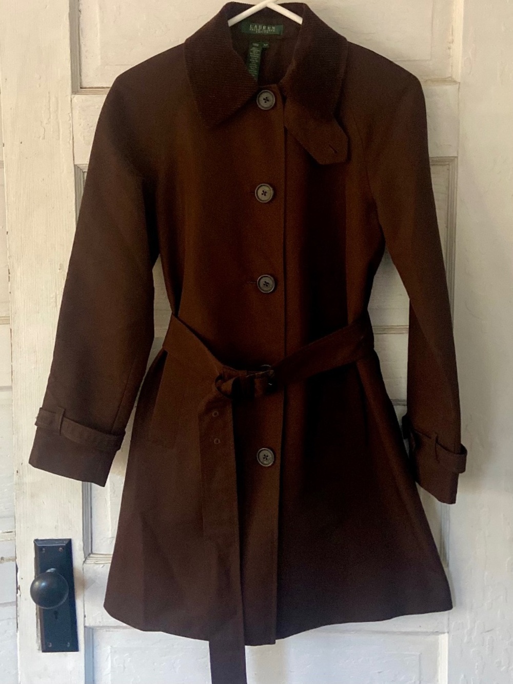 NWOT Lauren Ralph Polo Brown Trench Coat Jacket belted corduroy trim Pockets